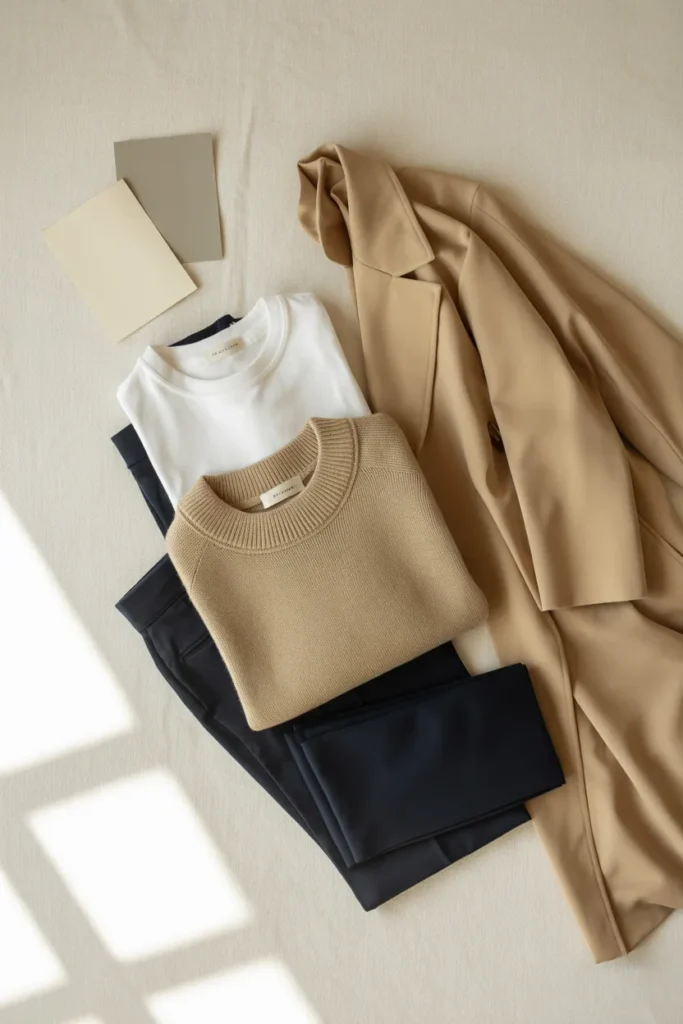 Neutral capsule wardrobe color palette flat lay with white tee, beige sweater, navy trousers, and camel trench on linen.
