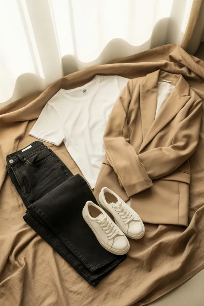 Neutral capsule wardrobe flat lay showing closet organization ideas for a small wardrobe