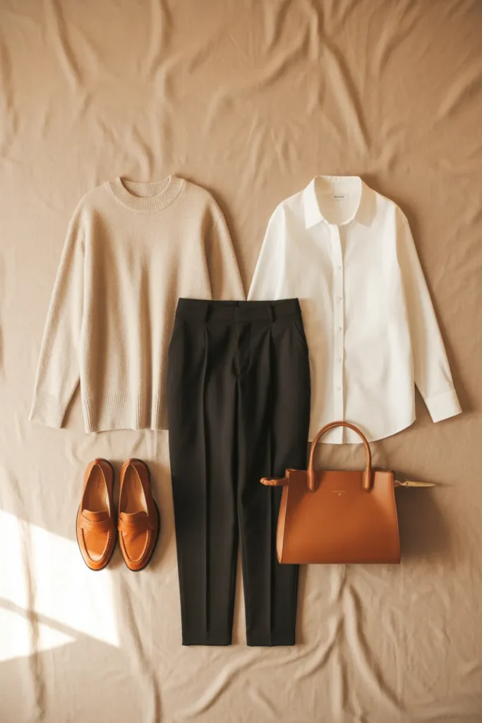 Neutral flat lay of best capsule wardrobe brands 2026 showing cashmere sweater, tailored trousers, and minimalist accessories