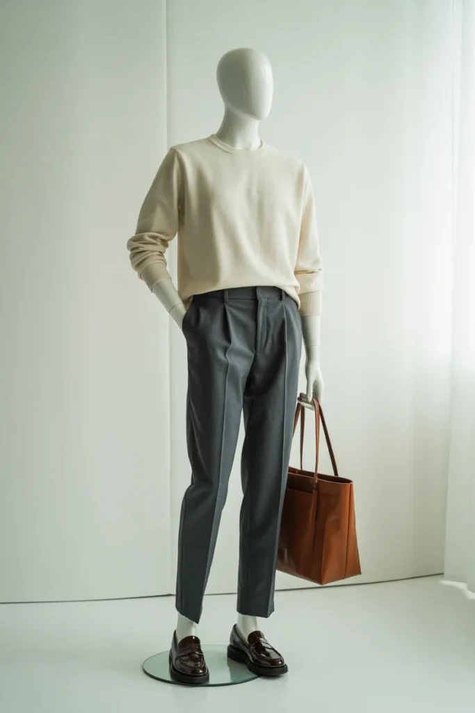  Neutral sweater and tailored trousers simple outfit from a capsule wardrobe for everyday wear