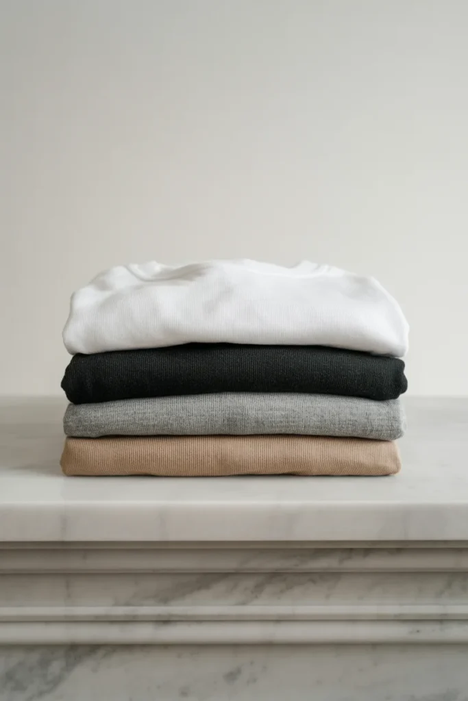 Neutral t-shirt stack for capsule wardrobe — closet staples every woman needs