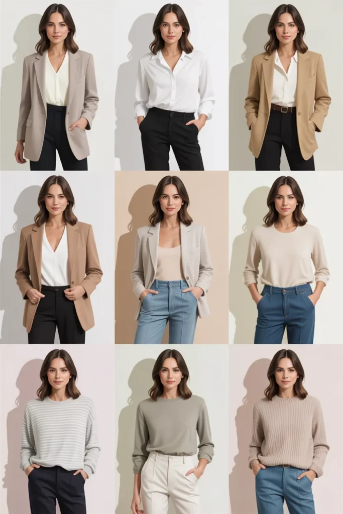 Nine outfit ideas created from one minimalist capsule wardrobe in neutral colors