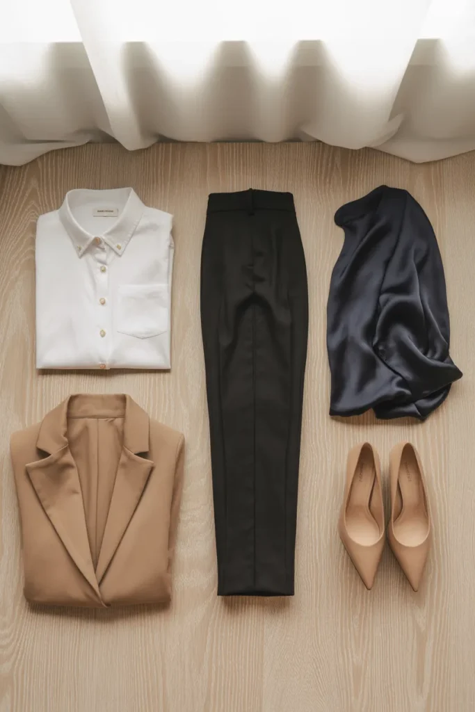 Office capsule wardrobe flat lay with business casual essentials including blazer trousers and blouse