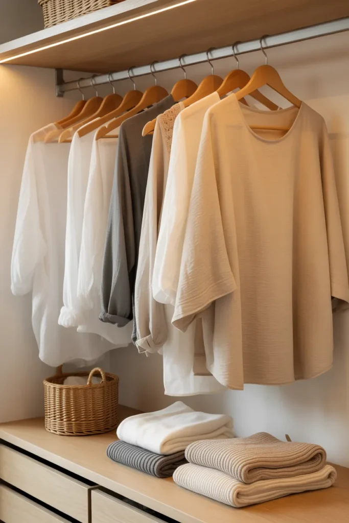 Organized budget capsule wardrobe closet with neutral basics