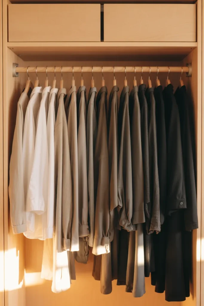 Organized capsule wardrobe closet with 20 mix and match pieces arranged by color for easy outfit combinations