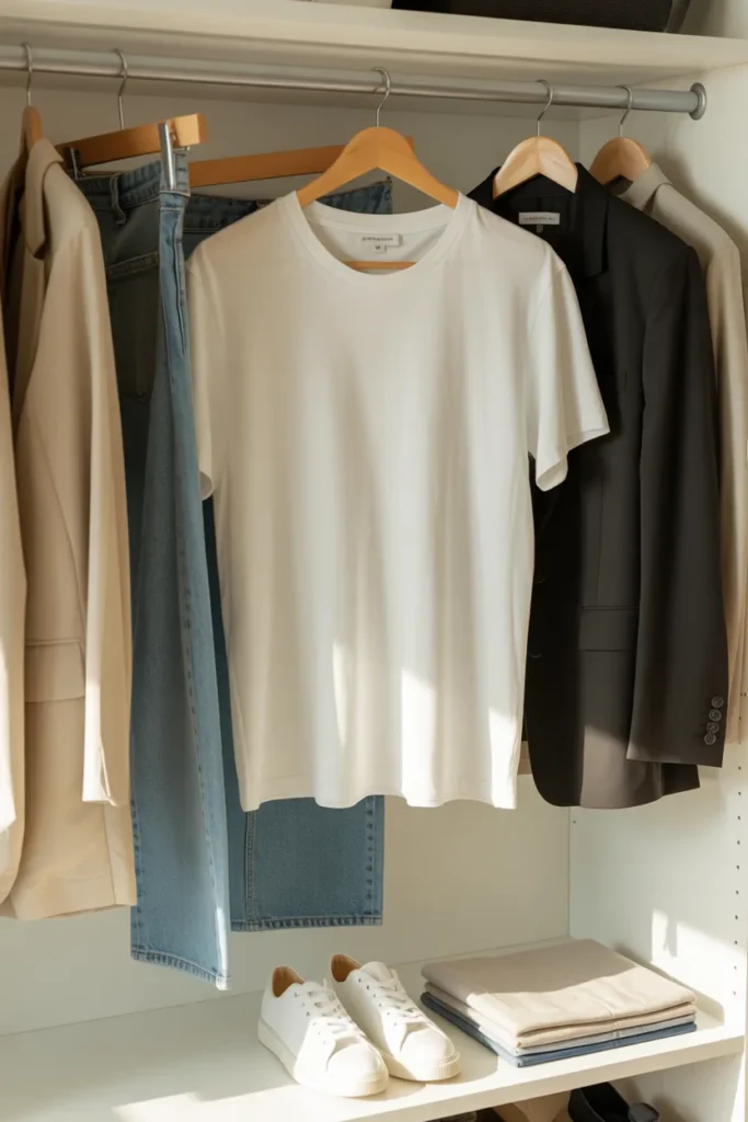 Organized capsule wardrobe closet with white t-shirts and neutral basics for women