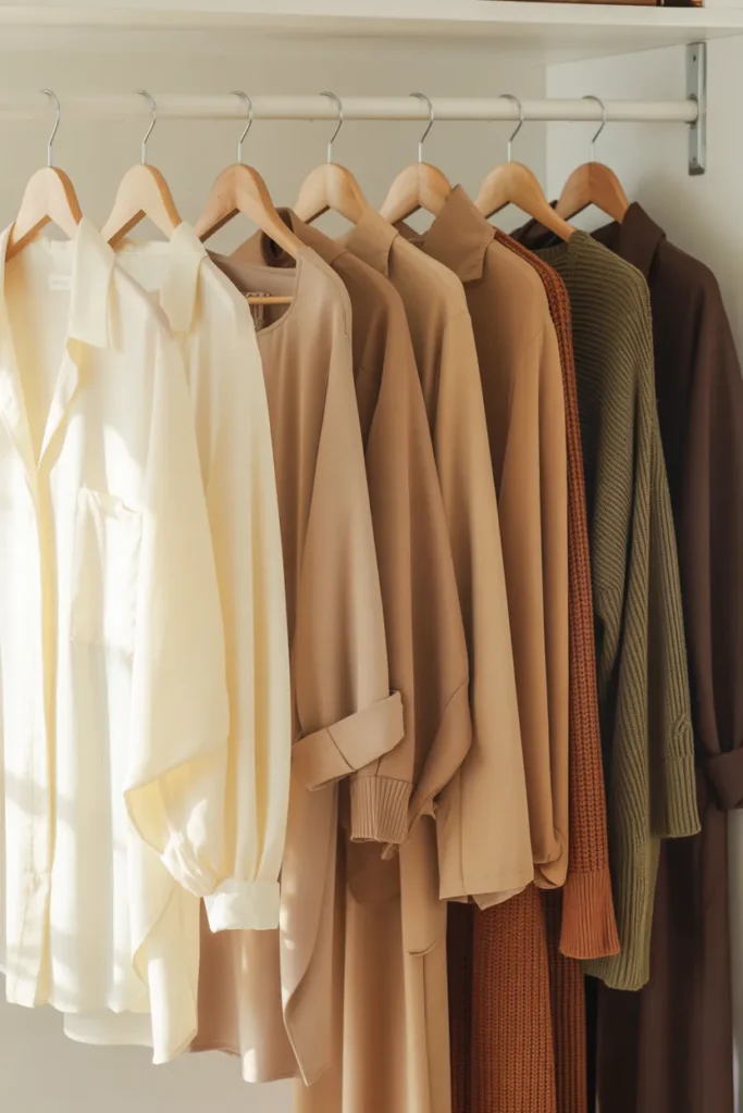Organized capsule wardrobe hanging in color order from ivory to chocolate with olive and rust accents.