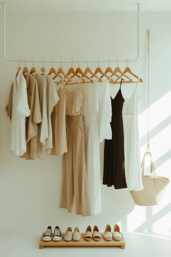 Organized minimalist summer capsule wardrobe closet with 24 essential pieces arranged by color