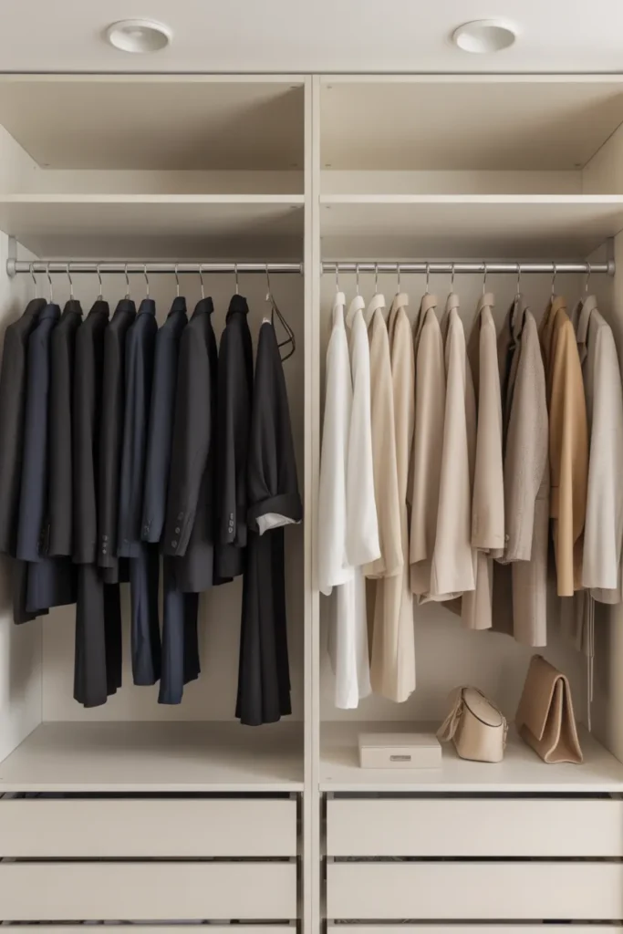 Organized office capsule wardrobe closet with neutral business casual work clothes arranged by color