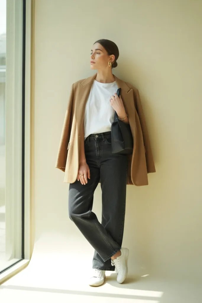 Outfit showing how to style jeans with a white tee, camel blazer, and white sneakers for a smart casual look