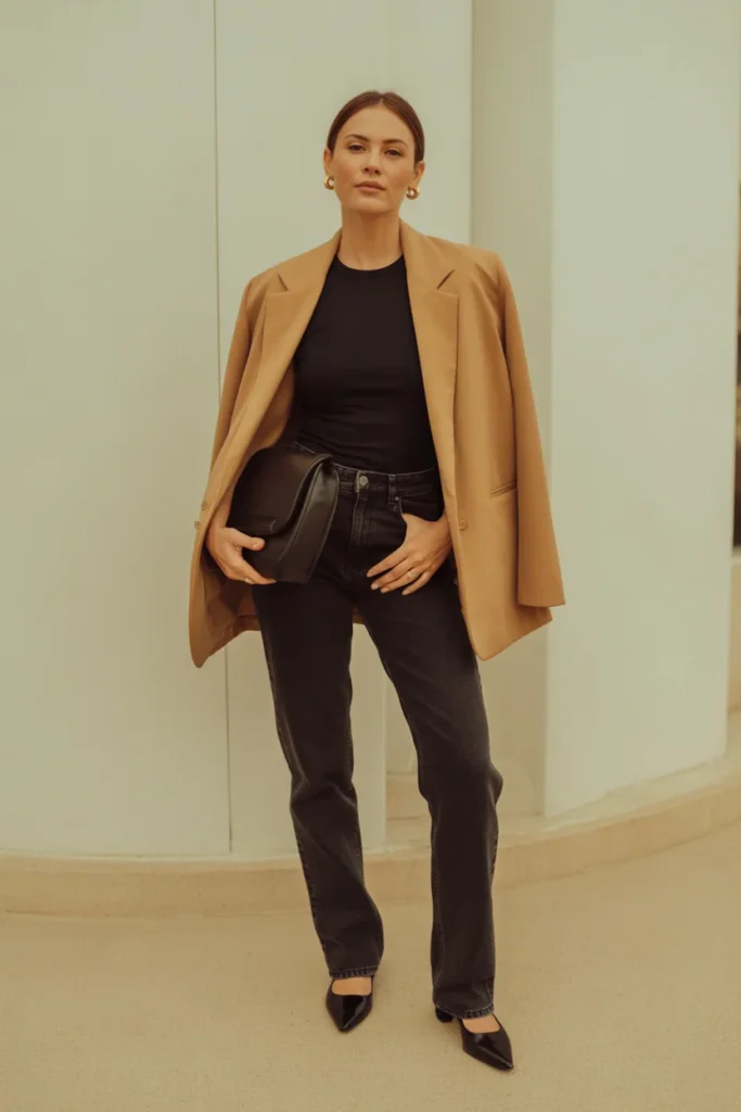 Oversized blazer capsule wardrobe outfit with black tee and dark jeans — everyday styling idea