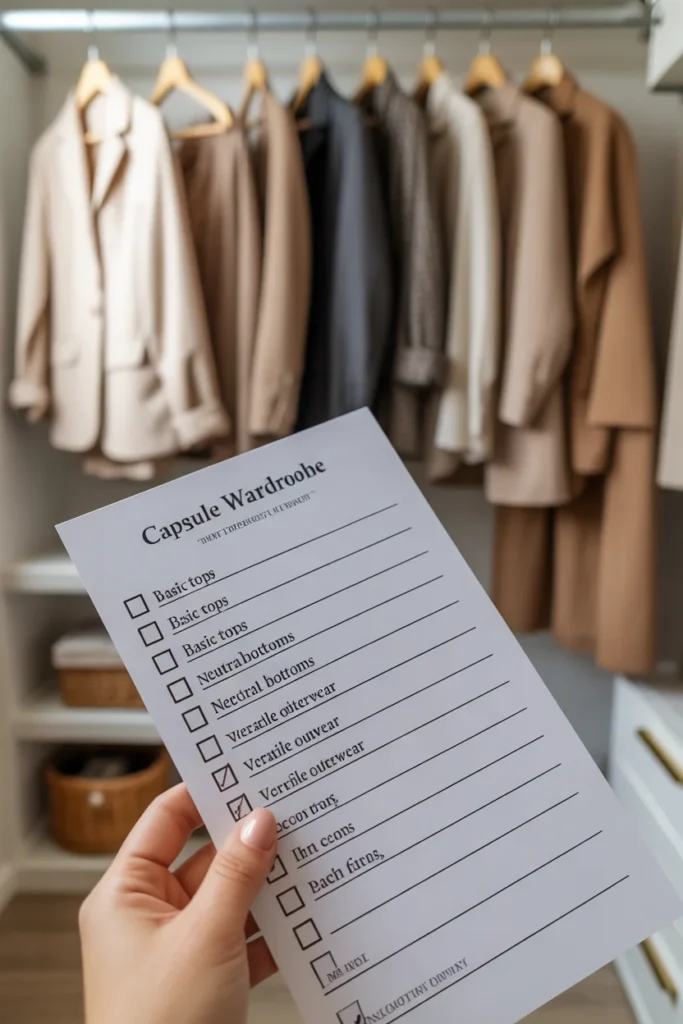 Printable capsule wardrobe checklist being used to organize a minimalist closet