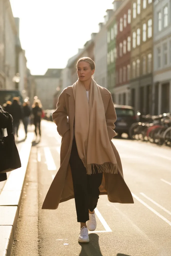 Quiet luxury Toteme-inspired outfit with camel coat and cashmere scarf for a capsule wardrobe