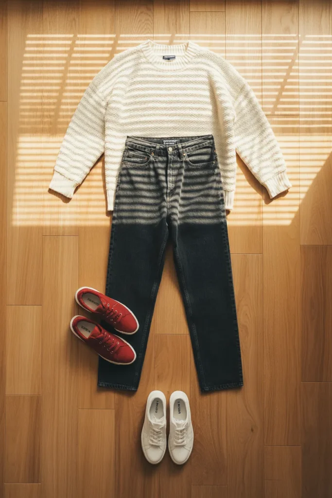 Quiet luxury capsule wardrobe outfit flat lay with cream sweater, jeans, white sneakers, and cherry red accent.