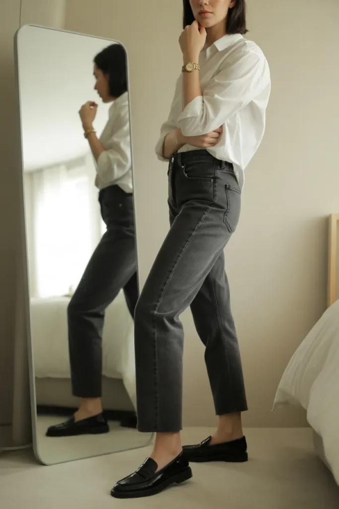 Quiet luxury outfit showing how to style jeans with a white button-down and black loafers
