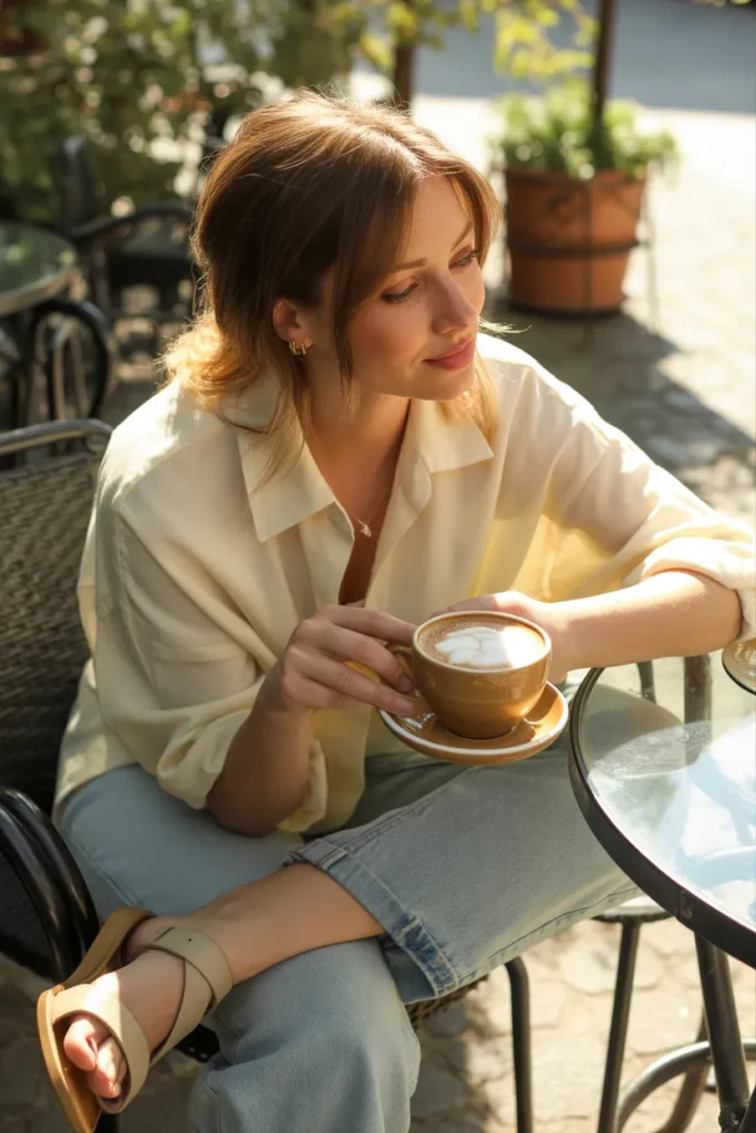 Relaxed weekend outfit idea with button up shirt and denim at a cafe