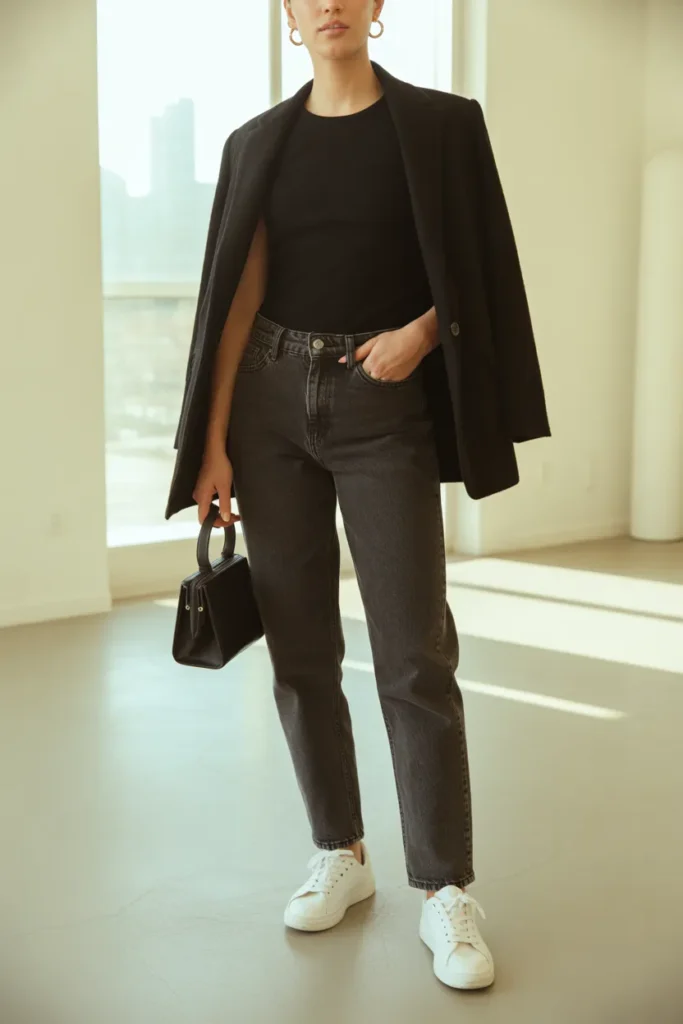Remote work outfit showing how to style jeans with a black blazer and white sneakers