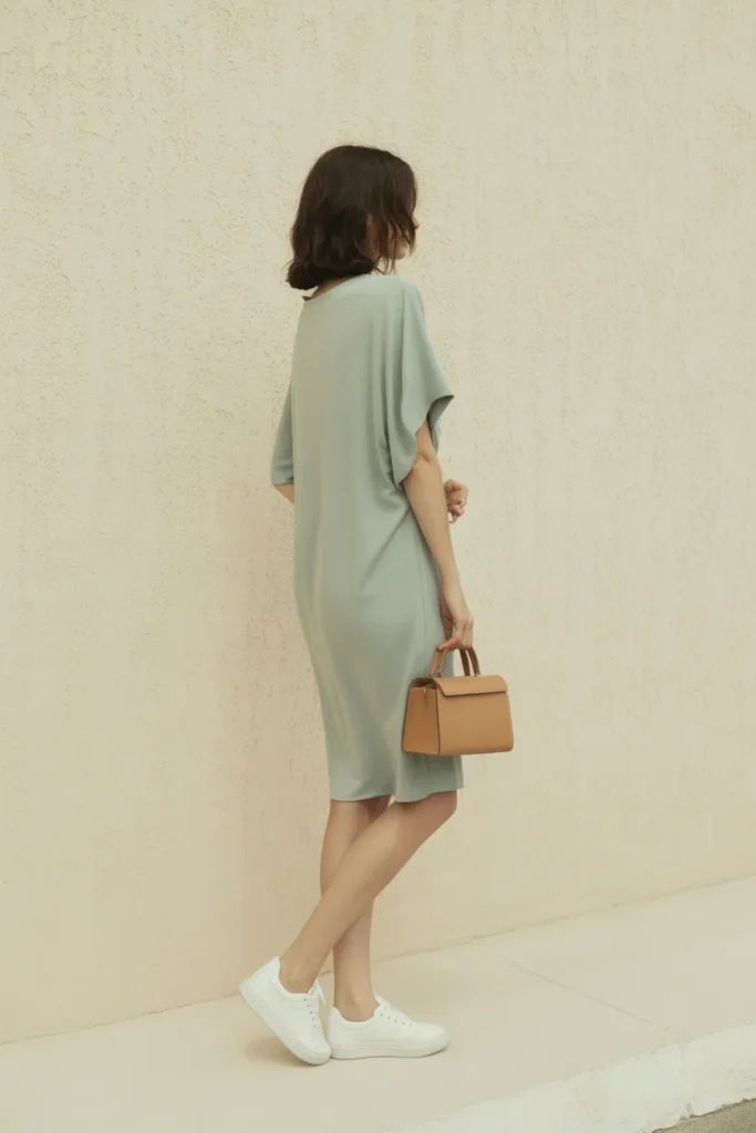 Sage green shift dress styled with white sneakers for spring fashion trends 2026 capsule