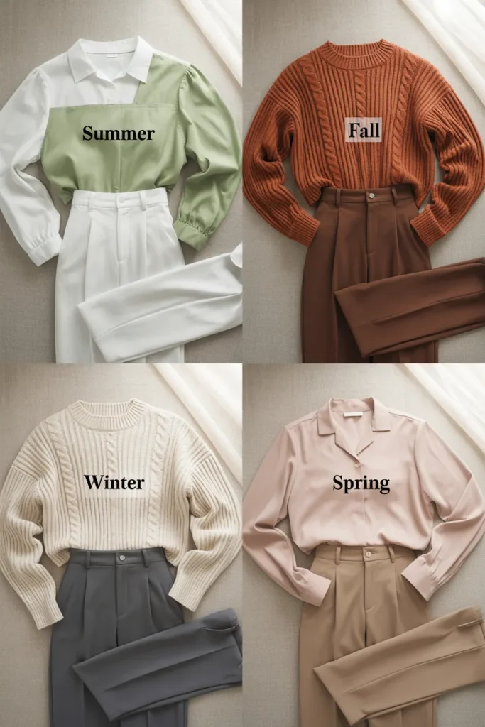 Seasonal capsule wardrobe color palette grid showing summer, fall, winter, and spring outfit combinations.