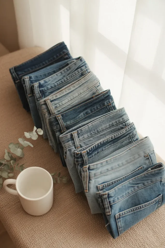 Seven best jeans for a capsule wardrobe folded neatly on a beige surface showing denim essentials in different washes and cuts