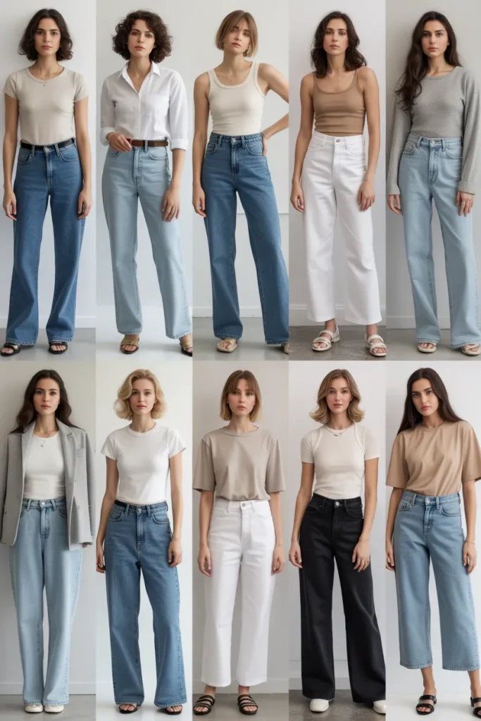 Seven best jeans for a capsule wardrobe outfit grid showing straight-leg skinny wide-leg white bootcut boyfriend and cropped flare denim styles