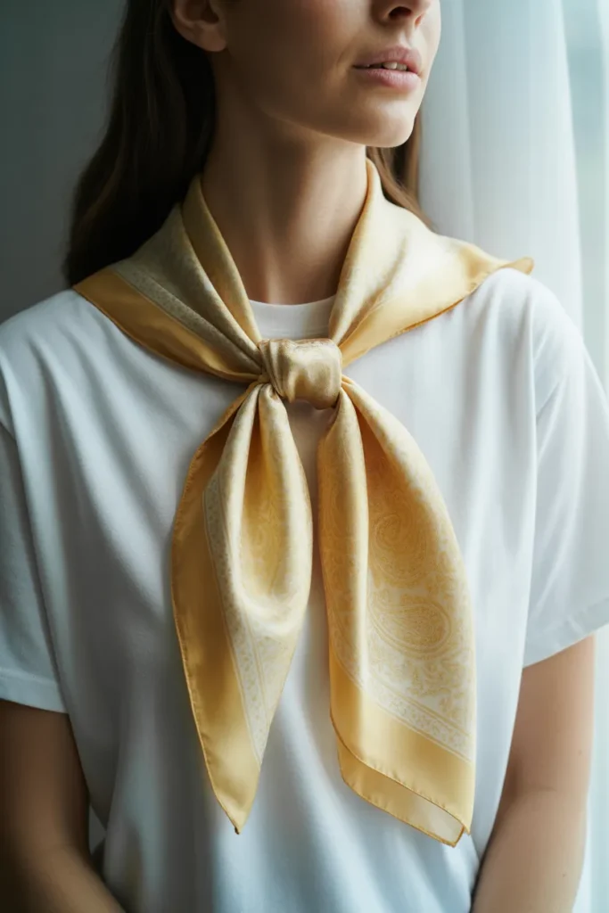 Silk scarf styled at the neck over a white tee for spring 2026 capsule outfit