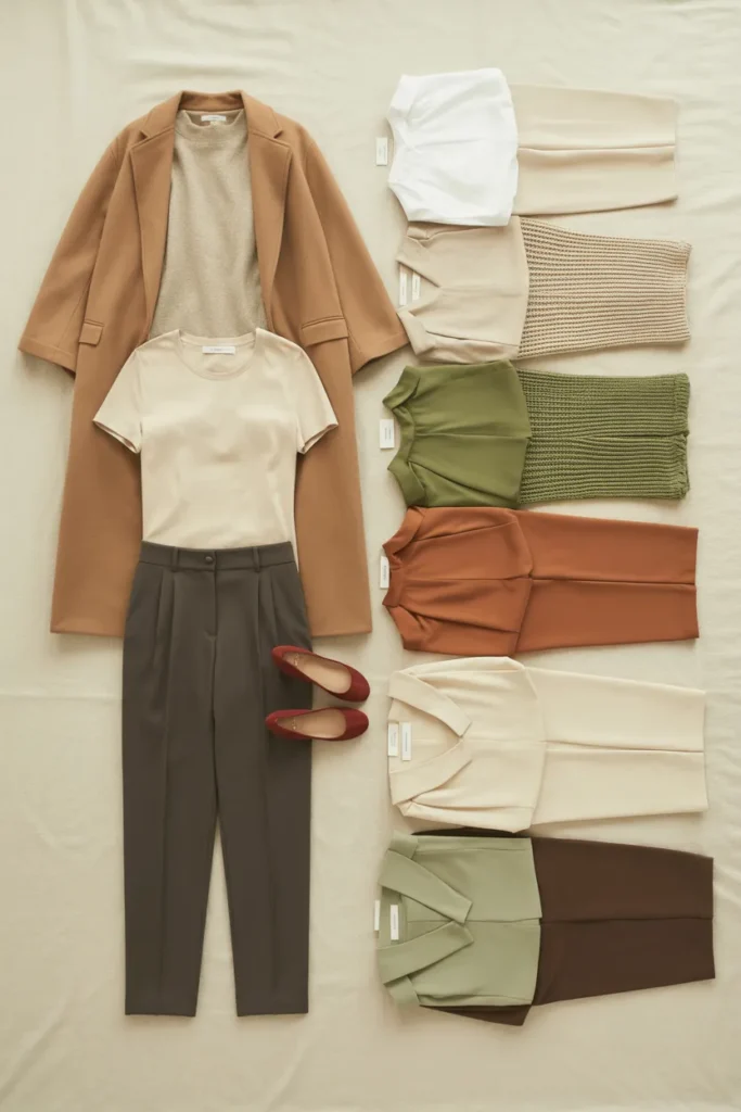 Six capsule wardrobe outfit formulas with neutral stack, tonal column, and color-block combinations.