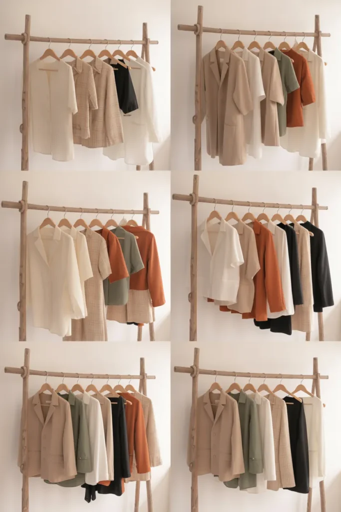 Six different capsule wardrobe outfit combinations created from 20 mix and match pieces displayed on a hanger rack