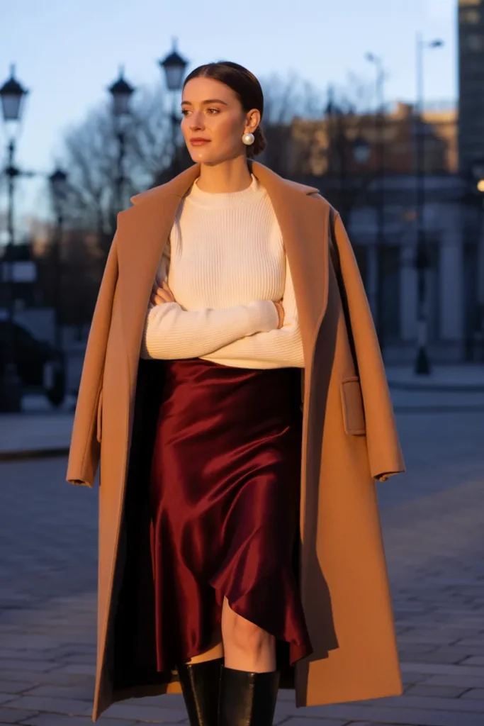 Slip skirt and knit sweater capsule wardrobe date night outfit for cold weather