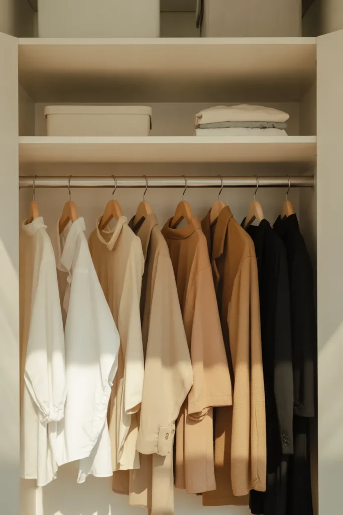 Small closet with double hanging rod showing vertical closet organization ideas