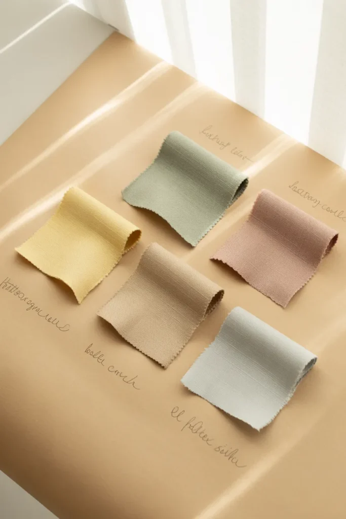 Spring 2026 color palette with butter yellow, sage, dusty rose, and pale blue swatches
