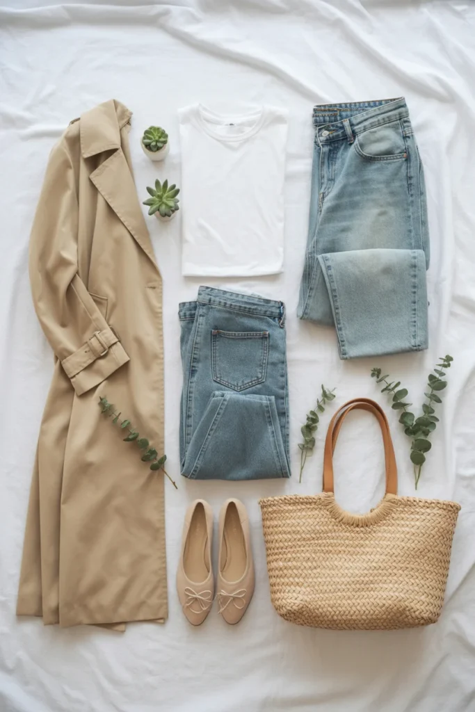 Spring capsule wardrobe 2026 flat lay with 25 essential pieces including trench coat, white tee, light-wash jeans, and ballet flats