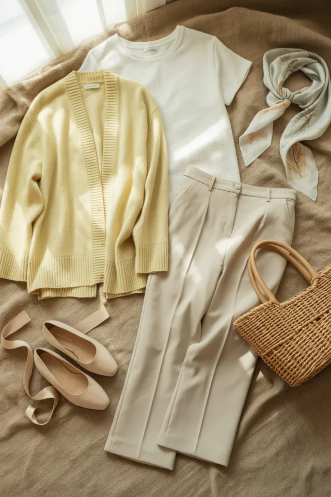 Spring fashion trends 2026 capsule wardrobe flat lay with butter yellow cardigan, cream trousers, ballet flats, and silk scarf on linen