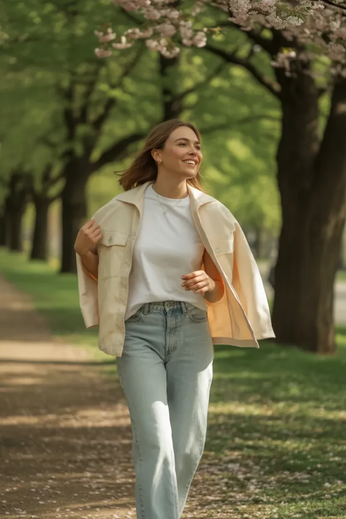 Spring weekend outfit idea with white tee, straight leg jeans and barn jacket