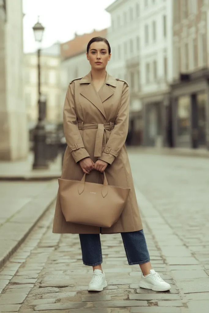 Stone trench coat styled with jeans and white sneakers for European travel capsule