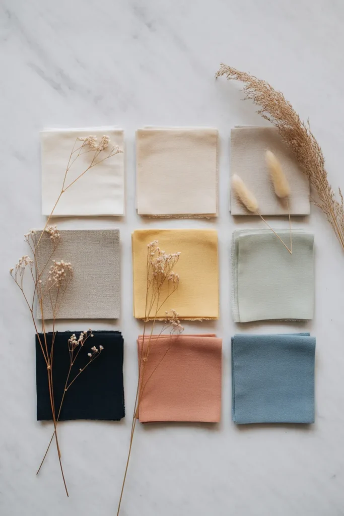  Summer 2026 capsule wardrobe color palette mood board with neutral and accent color swatches
