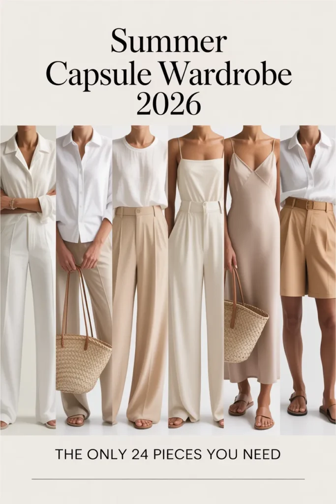 Summer capsule wardrobe 2026 Pinterest pin featuring 24 essential summer outfit pieces in neutral tones