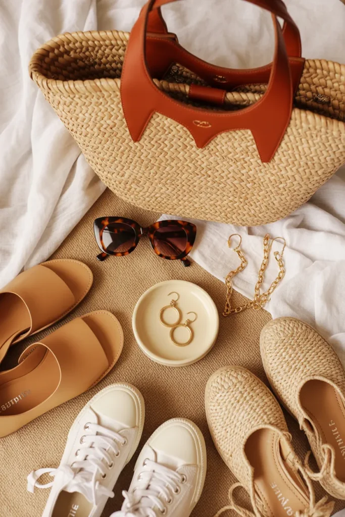 Summer capsule wardrobe accessories flat lay with straw tote bag, tortoise sunglasses, gold hoops, and raffia sandals