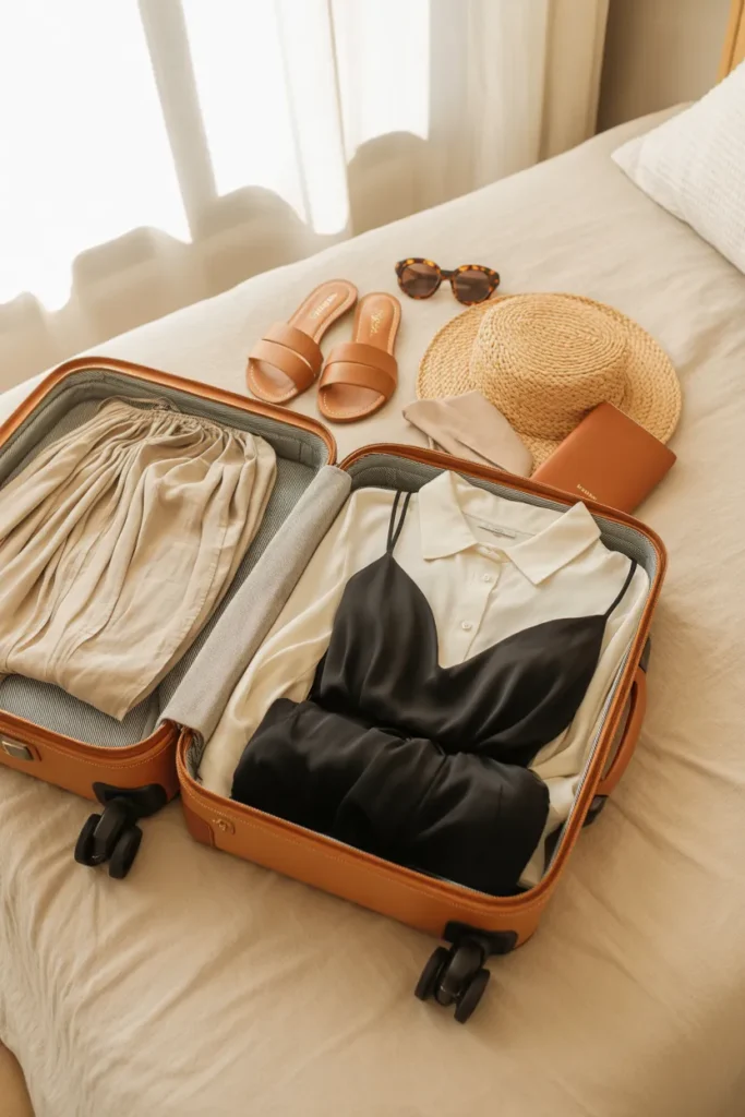 Summer capsule wardrobe packed in a suitcase showing 24 essential pieces for European summer travel