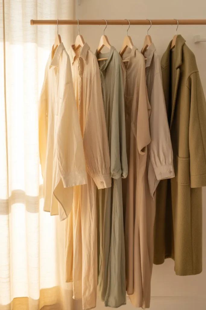 Sustainable capsule wardrobe brands organized in a minimalist closet with neutral and sage tones
