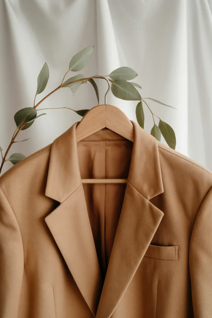 Tailored camel blazer on hanger — timeless wardrobe essentials every woman needs