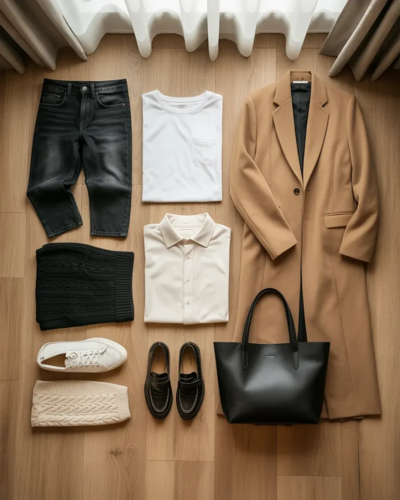 Ten-piece capsule wardrobe flat lay with jeans, blazers, and neutral basics