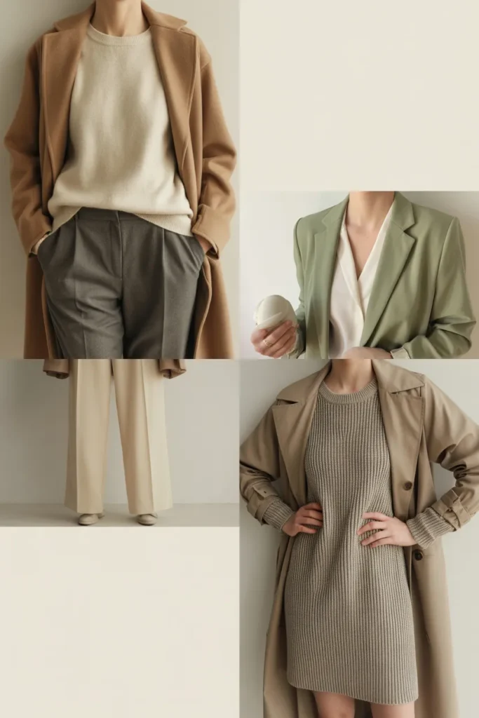 Three Pinterest capsule wardrobe outfit ideas using minimalist fashion brands in neutral tones