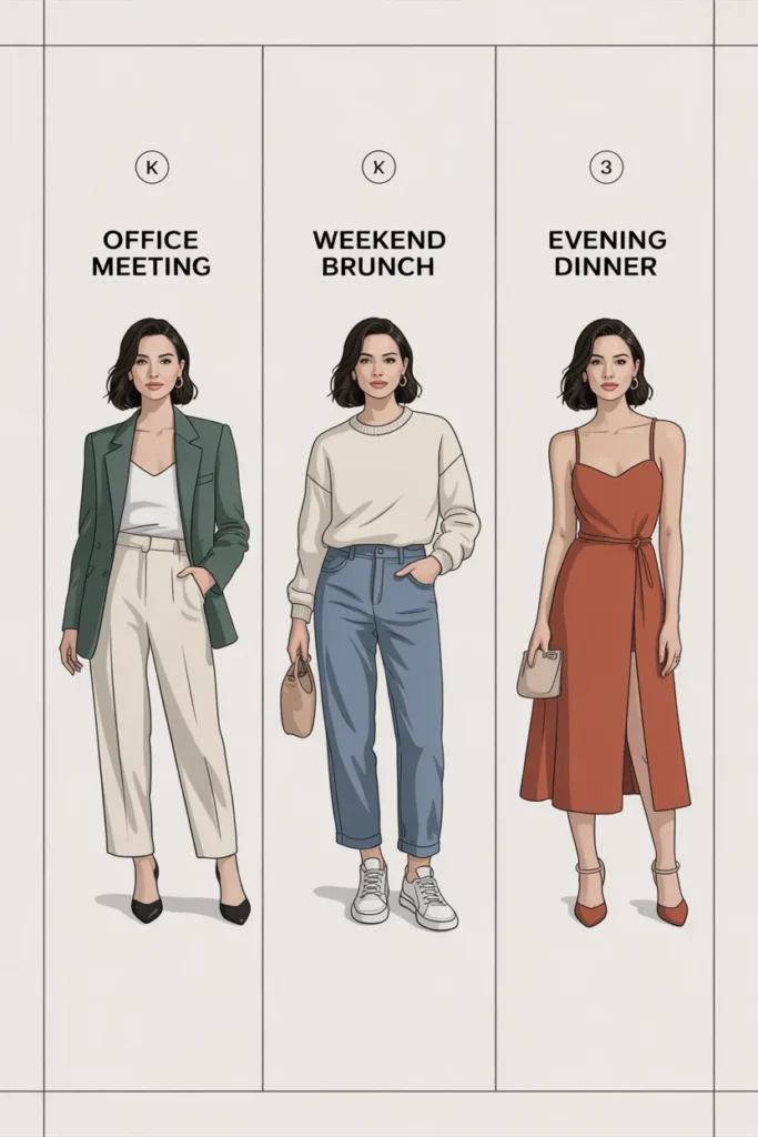 Three capsule wardrobe outfits for different occasions work, weekend, and evening, all created from 20 mix and match pieces