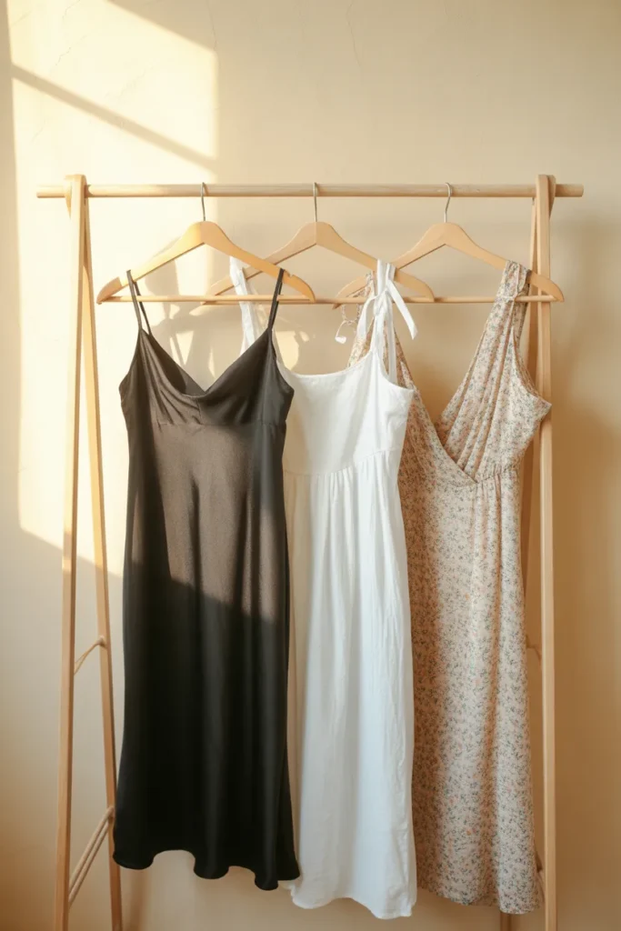 Three essential summer dresses for a capsule wardrobe 2026 including black slip dress, white linen sundress, and floral wrap dress