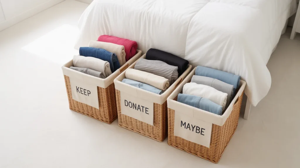Three labeled bins for closet decluttering showing keep, donate, and maybe piles for building a capsule wardrobe