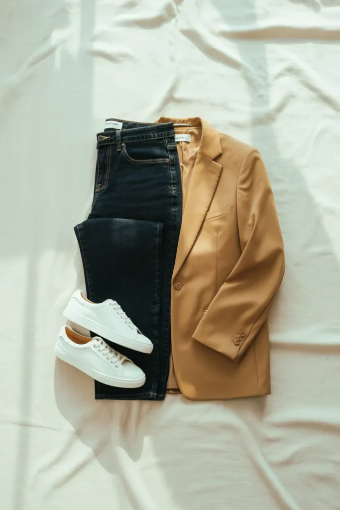 Three-piece capsule wardrobe flat lay anchoring jeans, blazer, and sneakers