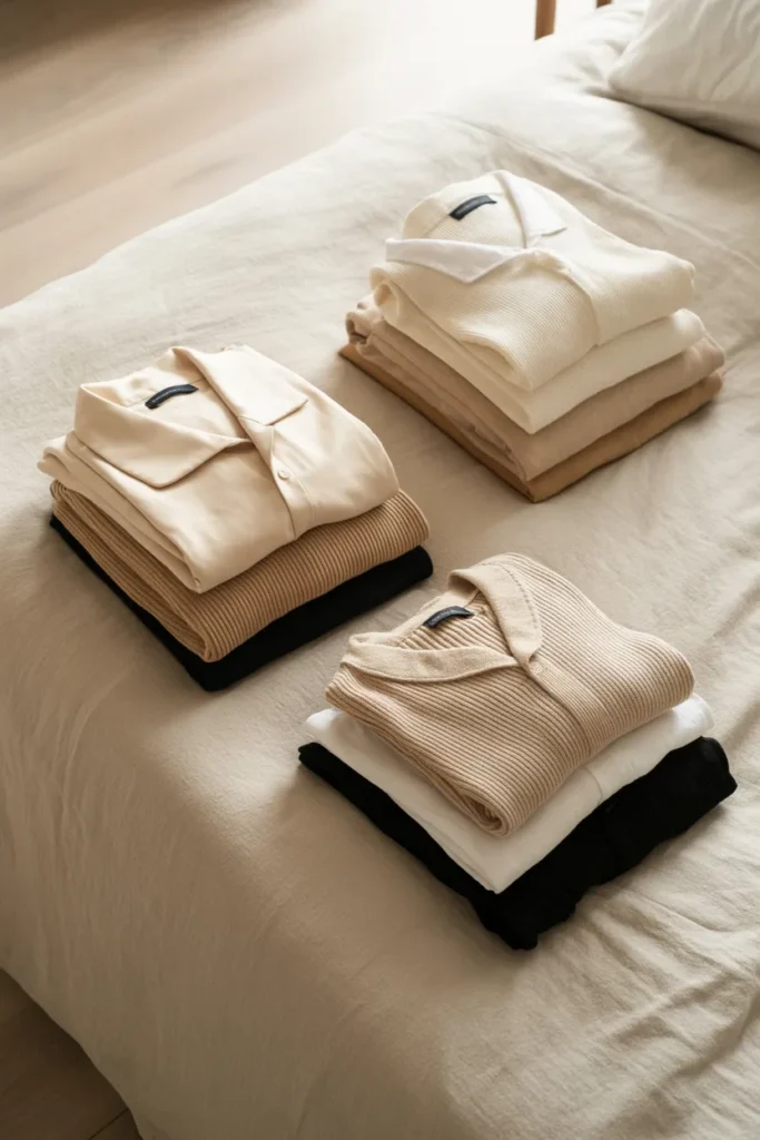 Three sorted clothing piles for a closet declutter and capsule wardrobe audit