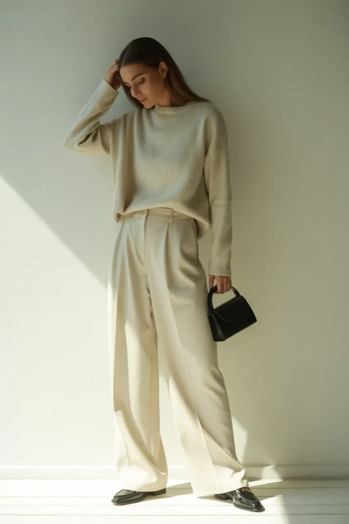 Tonal cream outfit formula with rib-knit sweater and wide-leg trousers for capsule wardrobe.