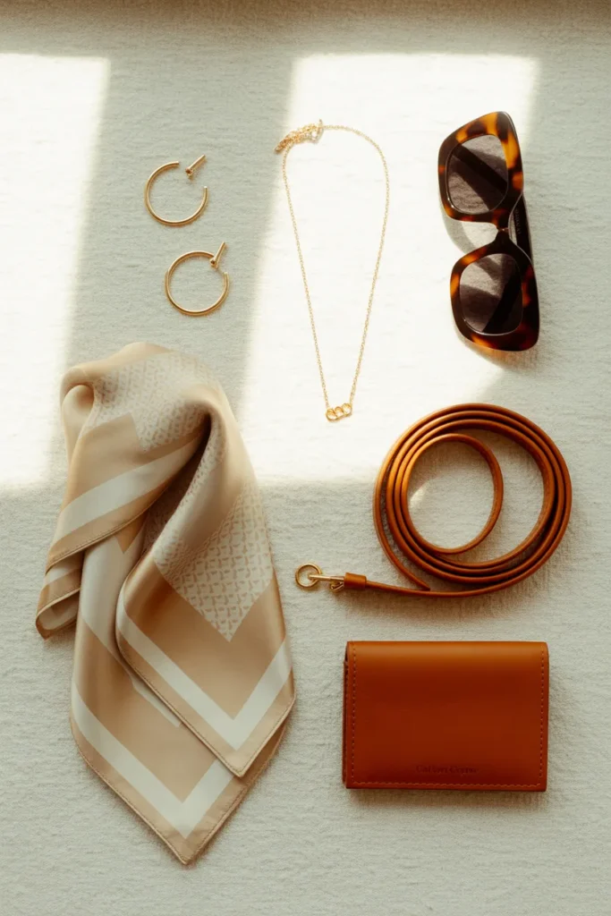 Travel capsule wardrobe accessories flat lay with silk scarf gold jewelry and sunglasses